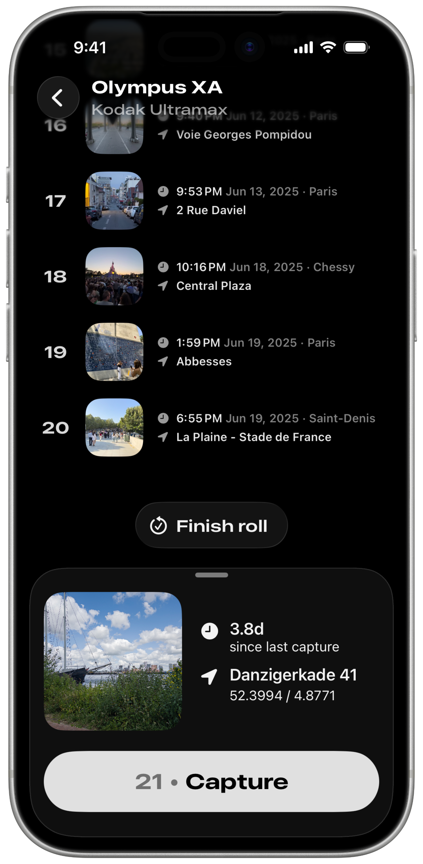 Sprokbook exposure log showing timestamped and located frames